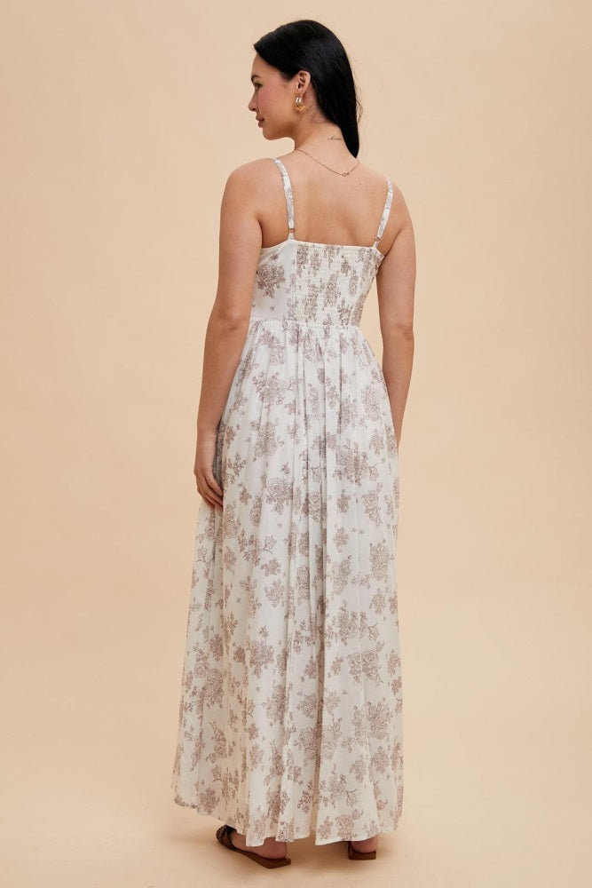 woman wearing a white floral maxi dress with adjustable straps, showing the back view and a smocked bodice detail