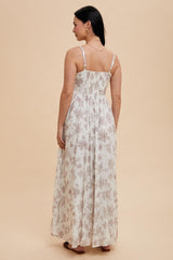woman wearing a white floral maxi dress with adjustable straps, showing the back view and a smocked bodice detail