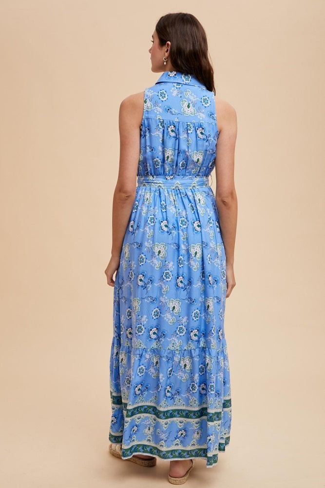 Blue Border Print Collared Button Down Maxi Dress