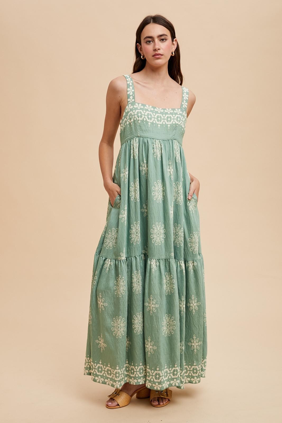 Mint Border Print Sleeveless Tiered Maternity Maxi Dress