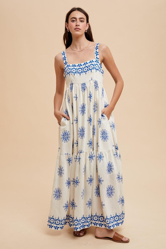 Blue Border Print Sleeveless Tiered Maternity Maxi Dress