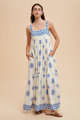 Blue Border Print Sleeveless Tiered Maternity Maxi Dress