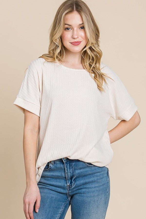 Ivory Ribbed Knit Short Sleeve Top