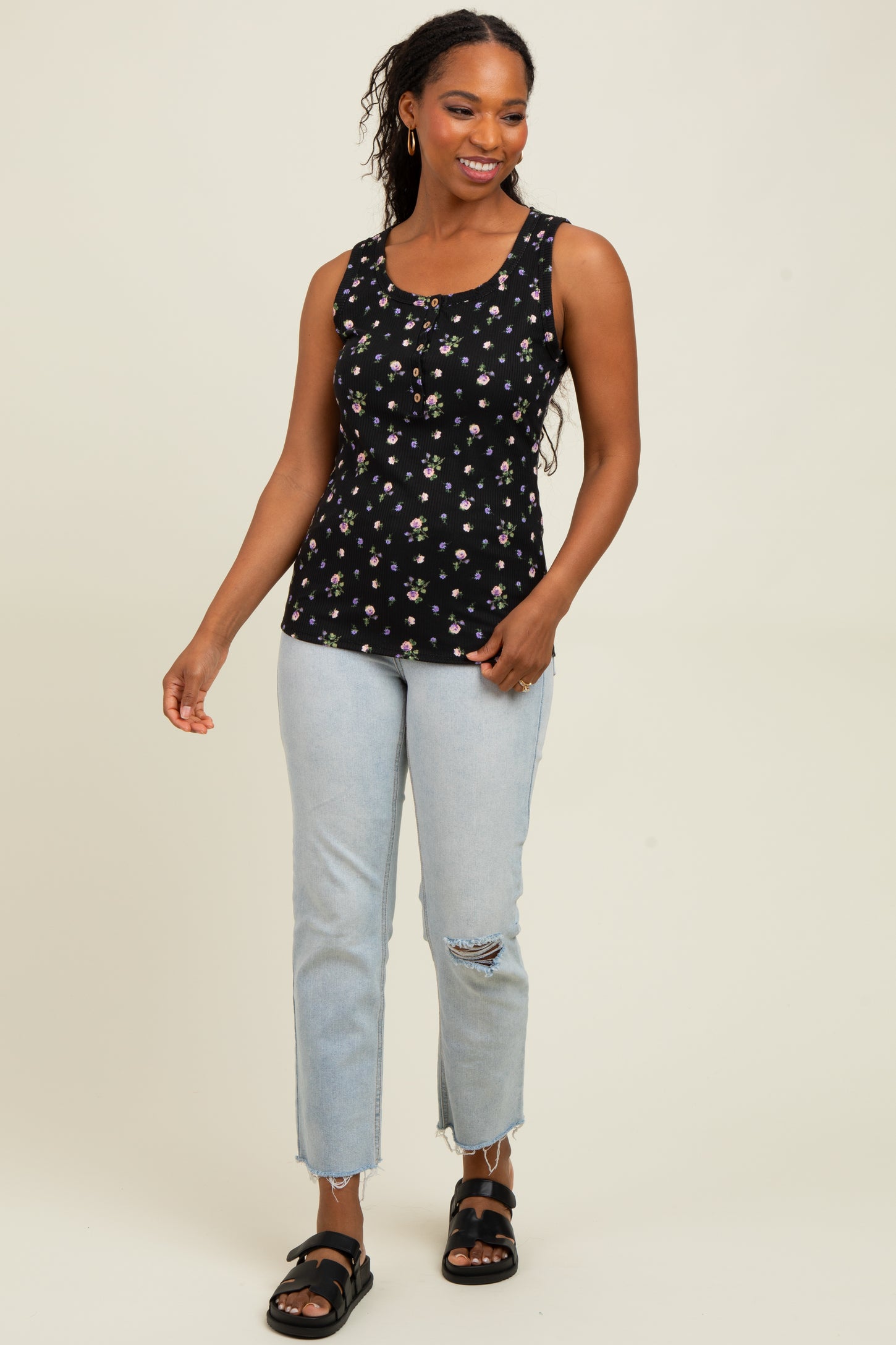 Black Floral Ribbed Button Front Tank Top