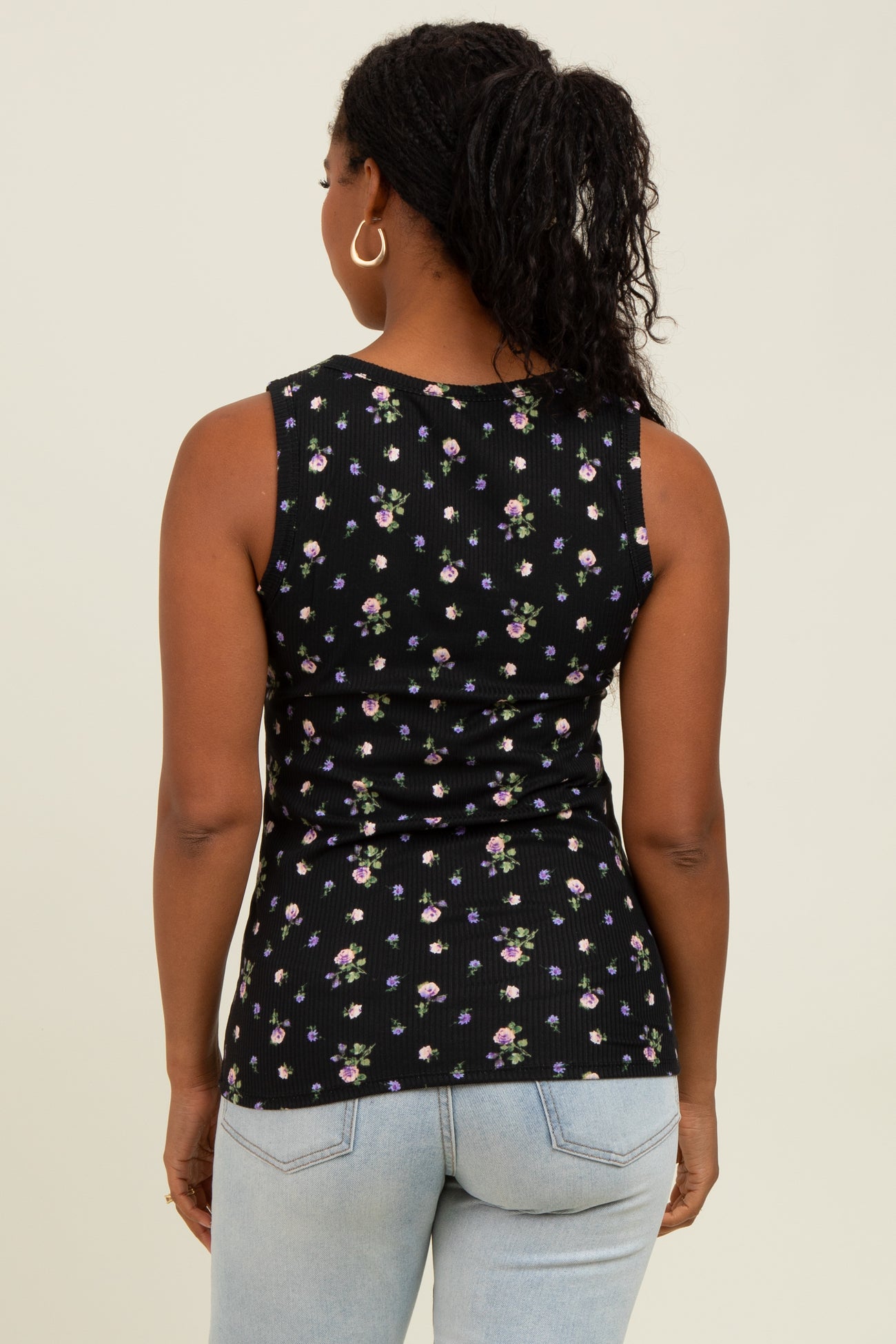 Black Floral Ribbed Button Front Tank Top