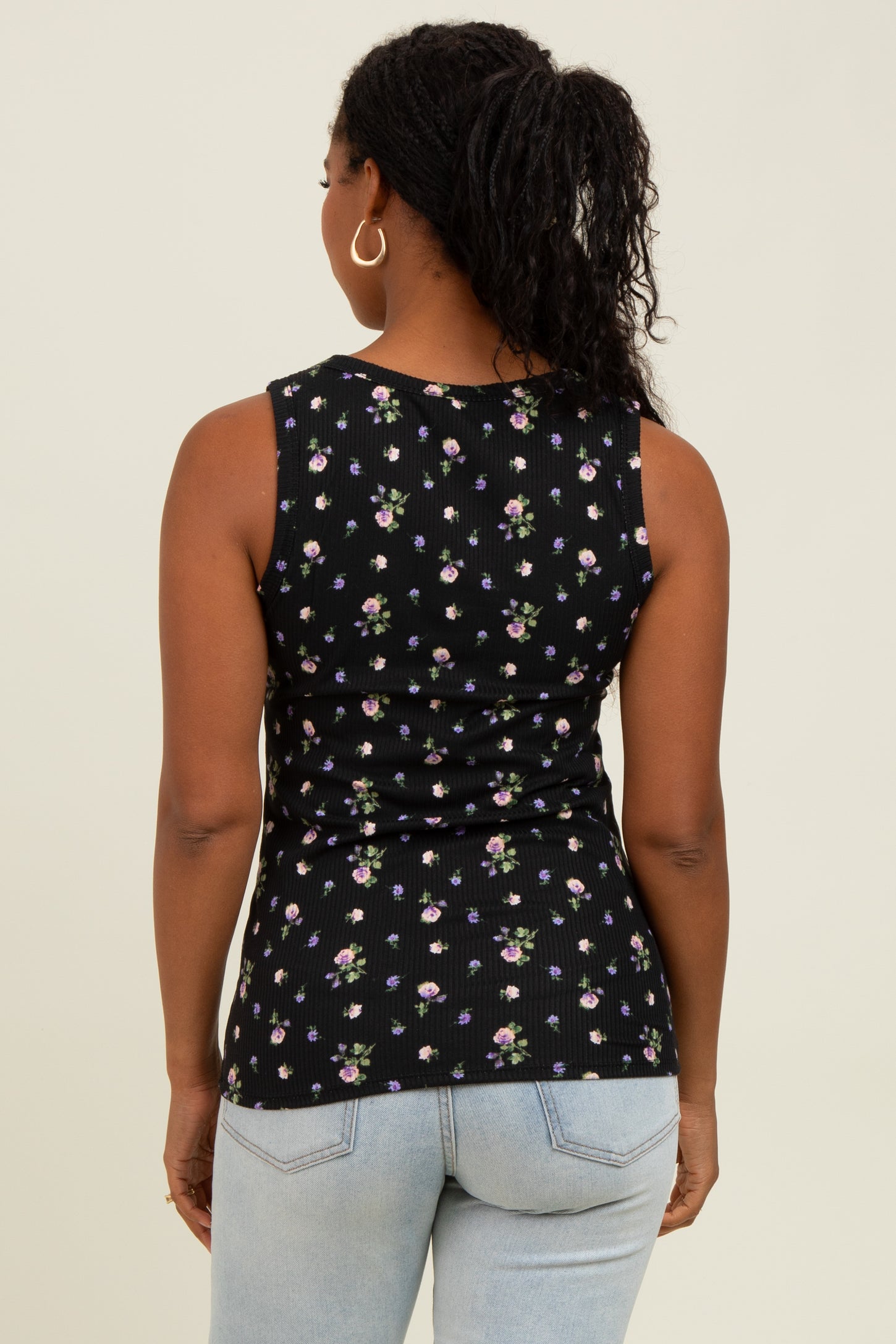 Black Floral Ribbed Button Front Tank Top