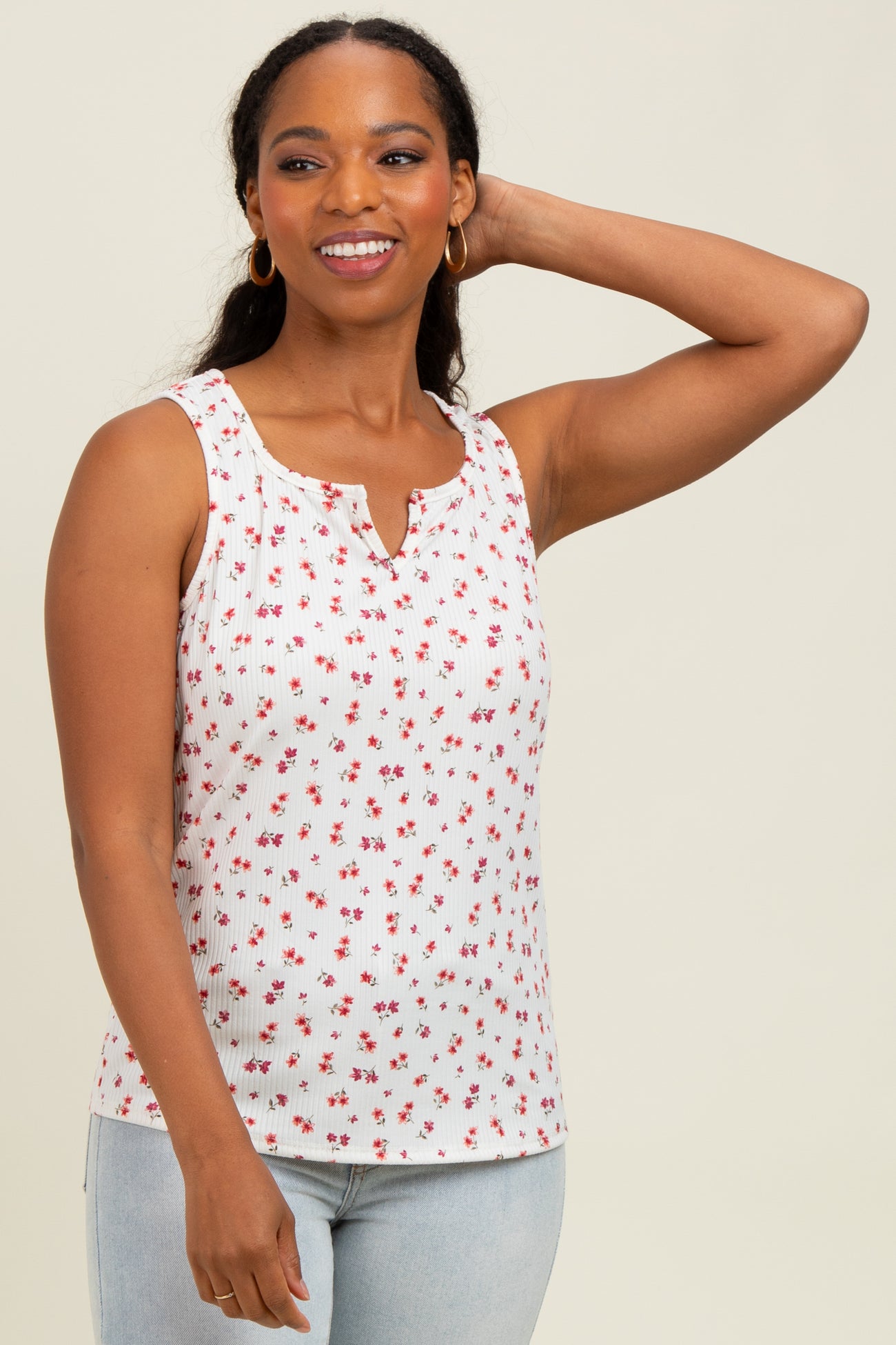 Ivory Floral Ribbed Split Neck Tank Top