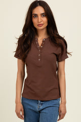 Brown Snap Button Maternity Short Sleeve Top