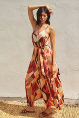 Rust Geometric Print Sash Tie Maxi Dress