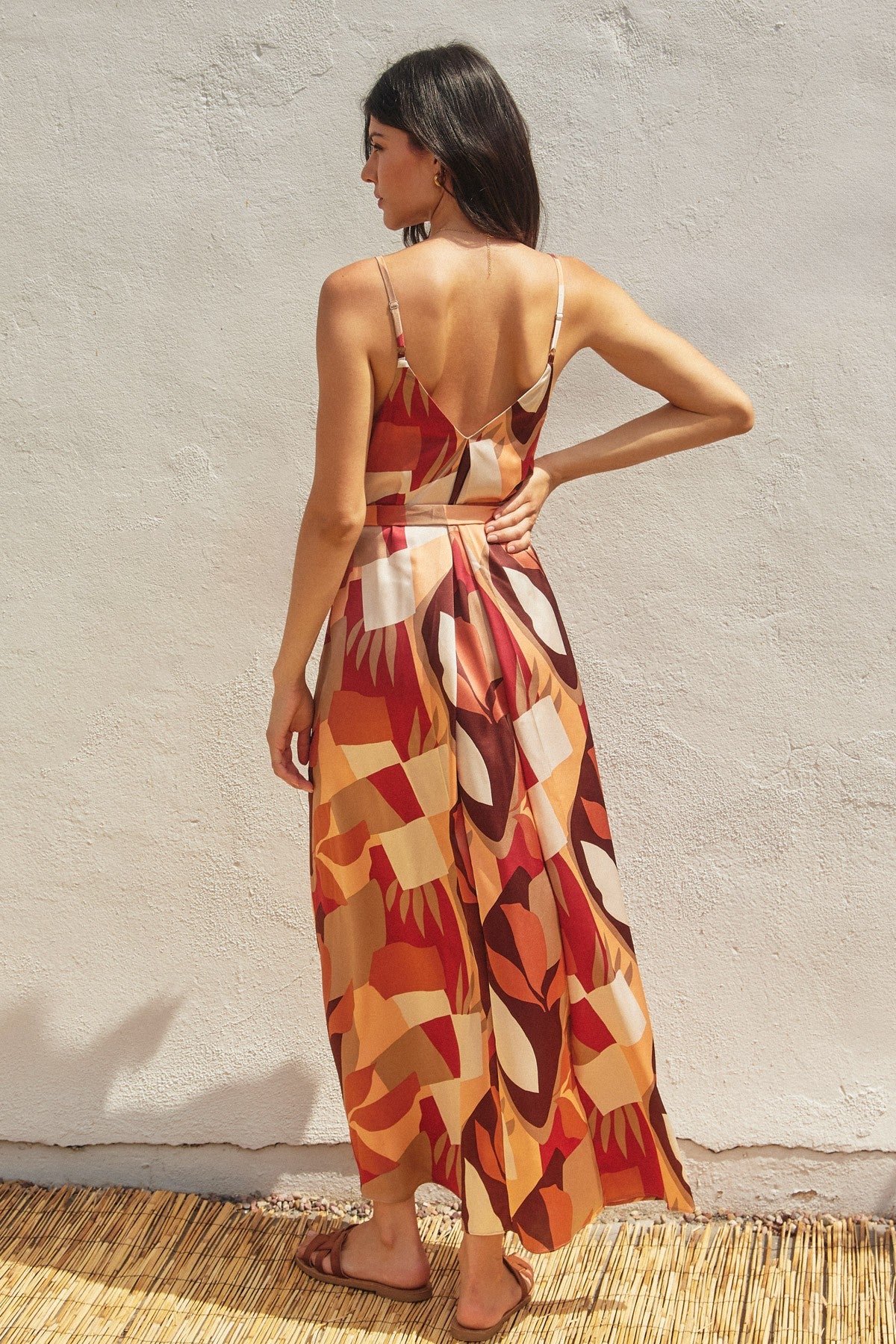 Rust Geometric Print Sash Tie Maxi Dress