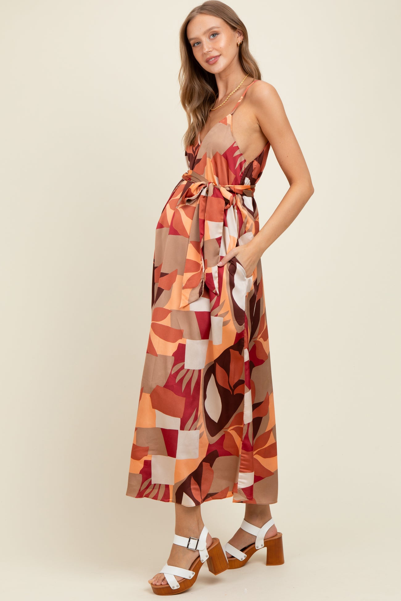 Rust Geometric Print Sash Tie Maternity Maxi Dress
