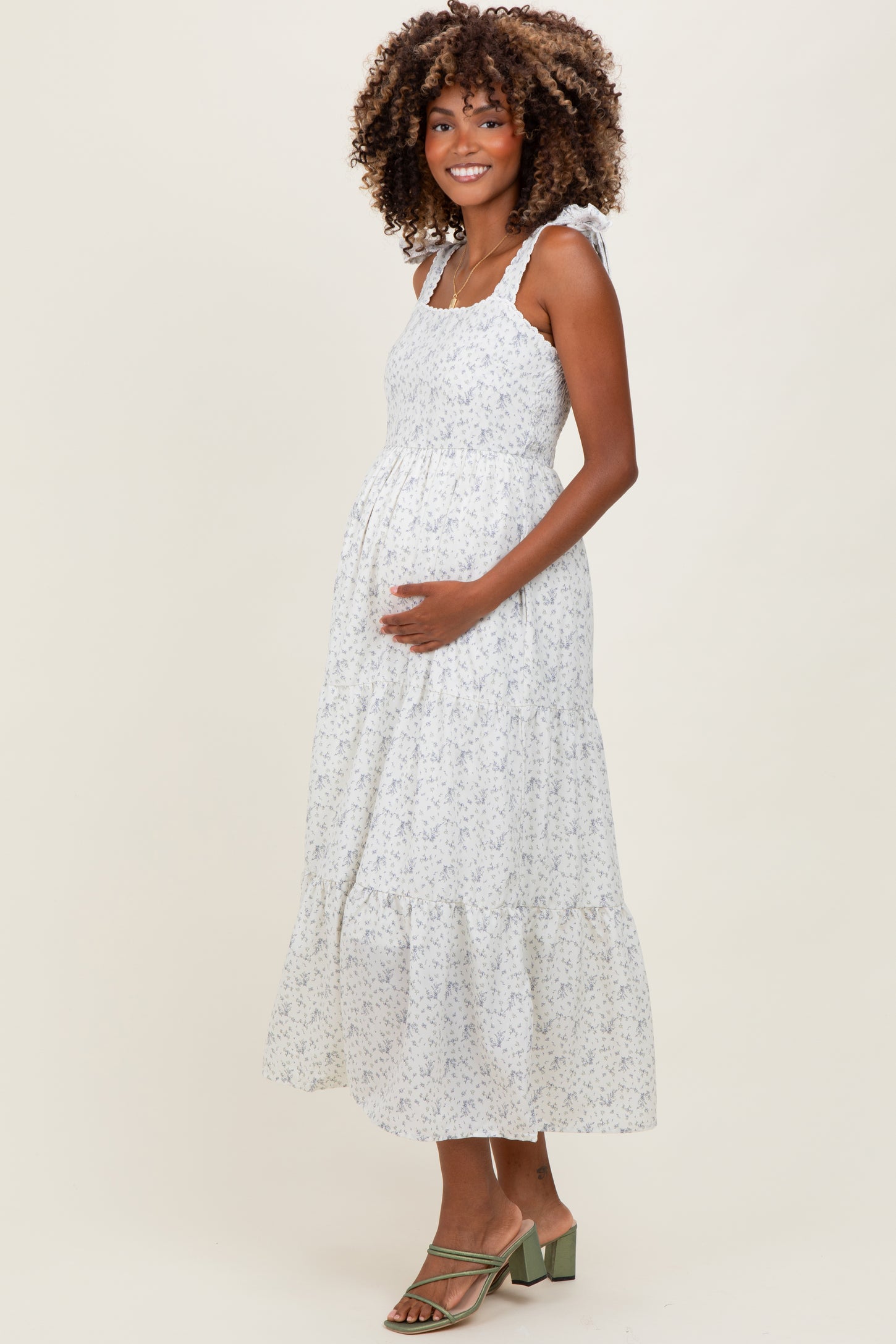 Ivory Floral Lace Trim Shoulder Tie Maternity Maxi Dress