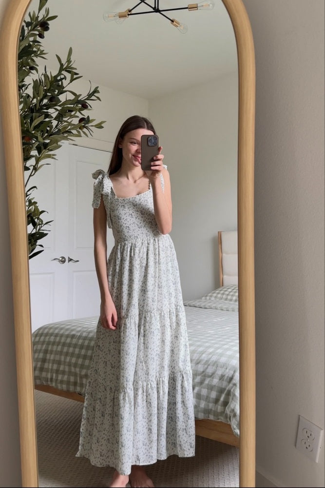 Ivory Floral Lace Trim Shoulder Tie Maxi Dress