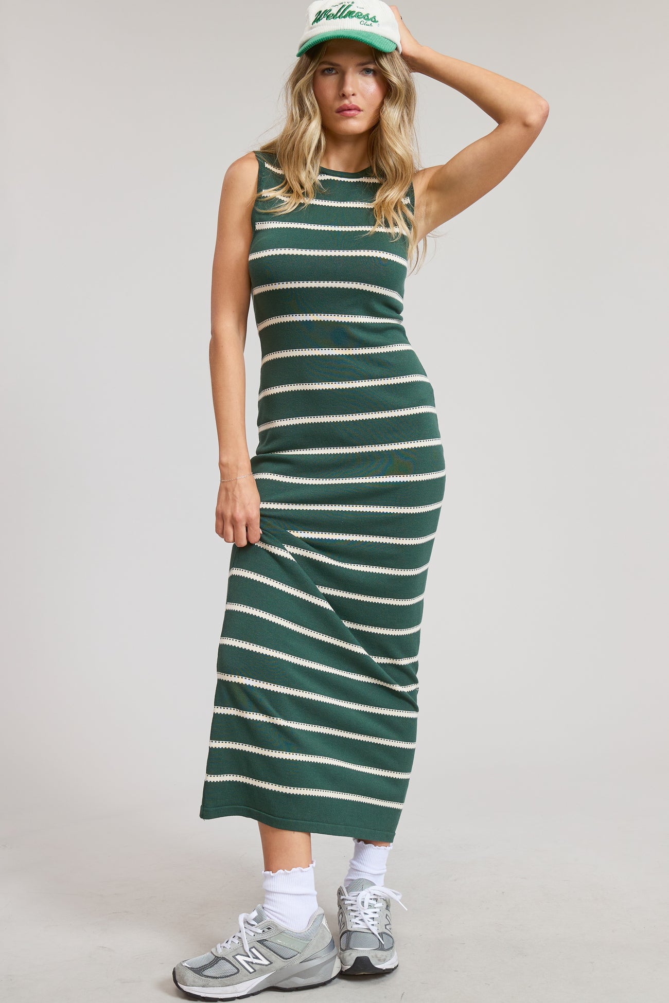 Forest Green Striped Sleeveless Knit Midi Dress