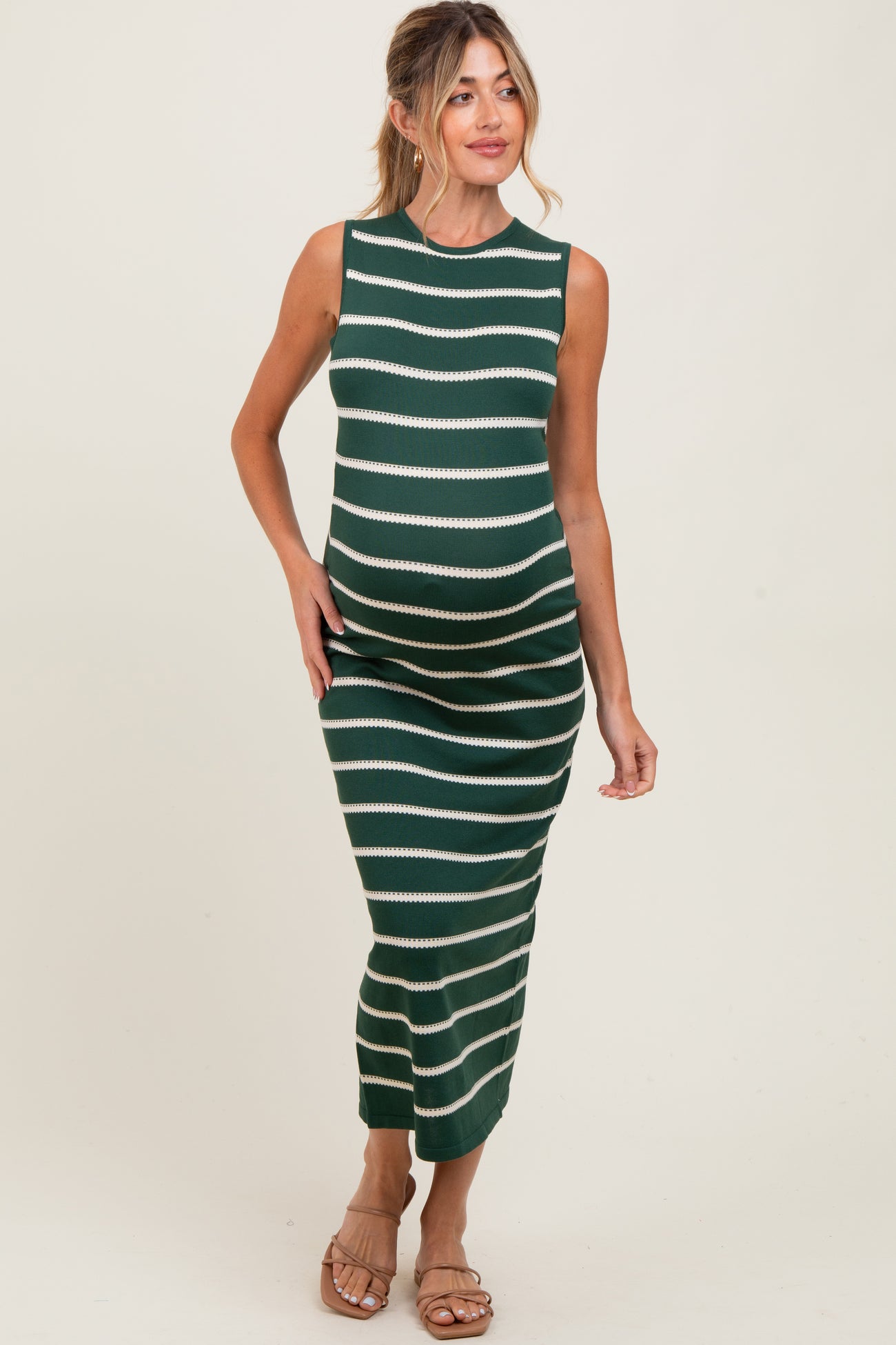 Forest Green Striped Sleeveless Knit Maternity Midi Dress