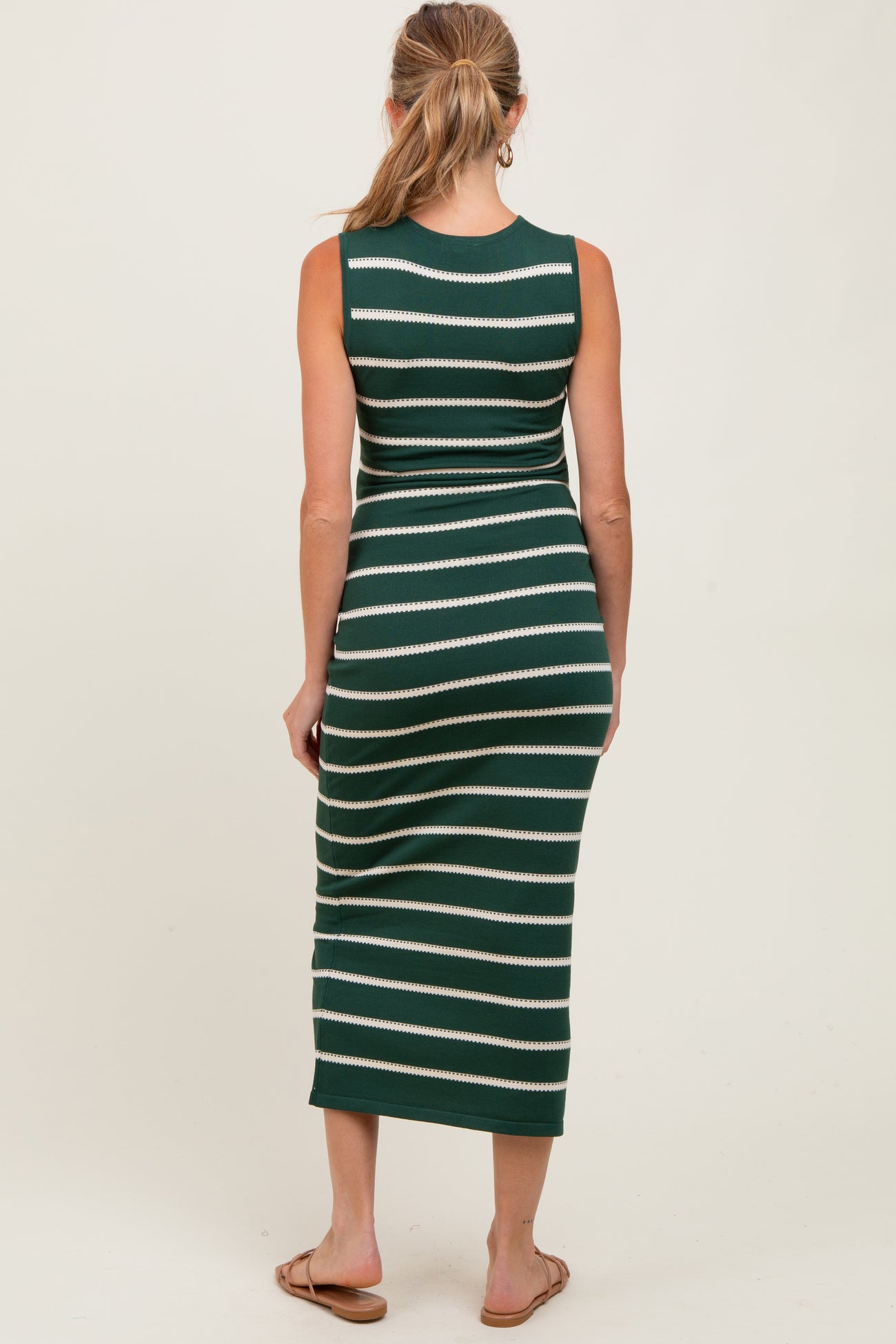 Forest Green Striped Sleeveless Knit Maternity Midi Dress