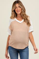 Beige Lace Inset V-Neck Short Sleeve Maternity Top