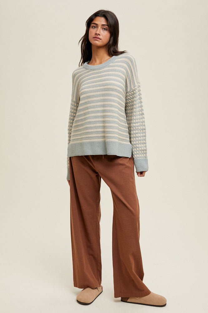 Light Olive Striped Dot Contrast Knit Sweater