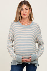 Light Olive Striped Dot Contrast Knit Maternity Sweater