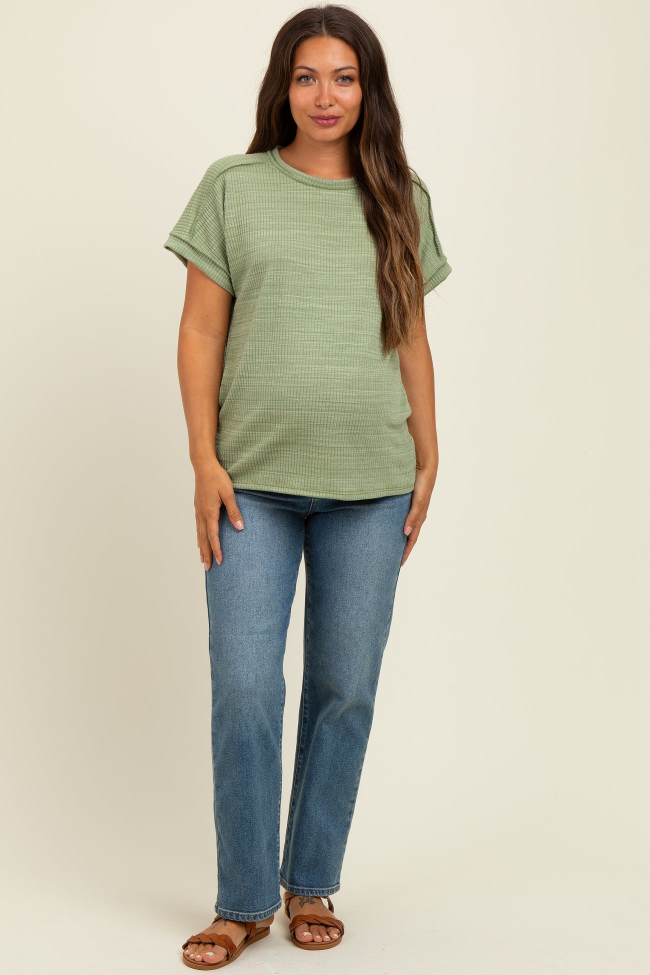 Light Olive Ribbed Exposed Seam Short Sleeve Maternity Top