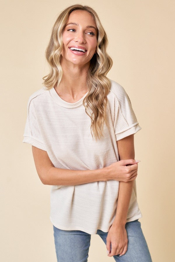 Ivory Ribbed Exposed Seam Short Sleeve Top