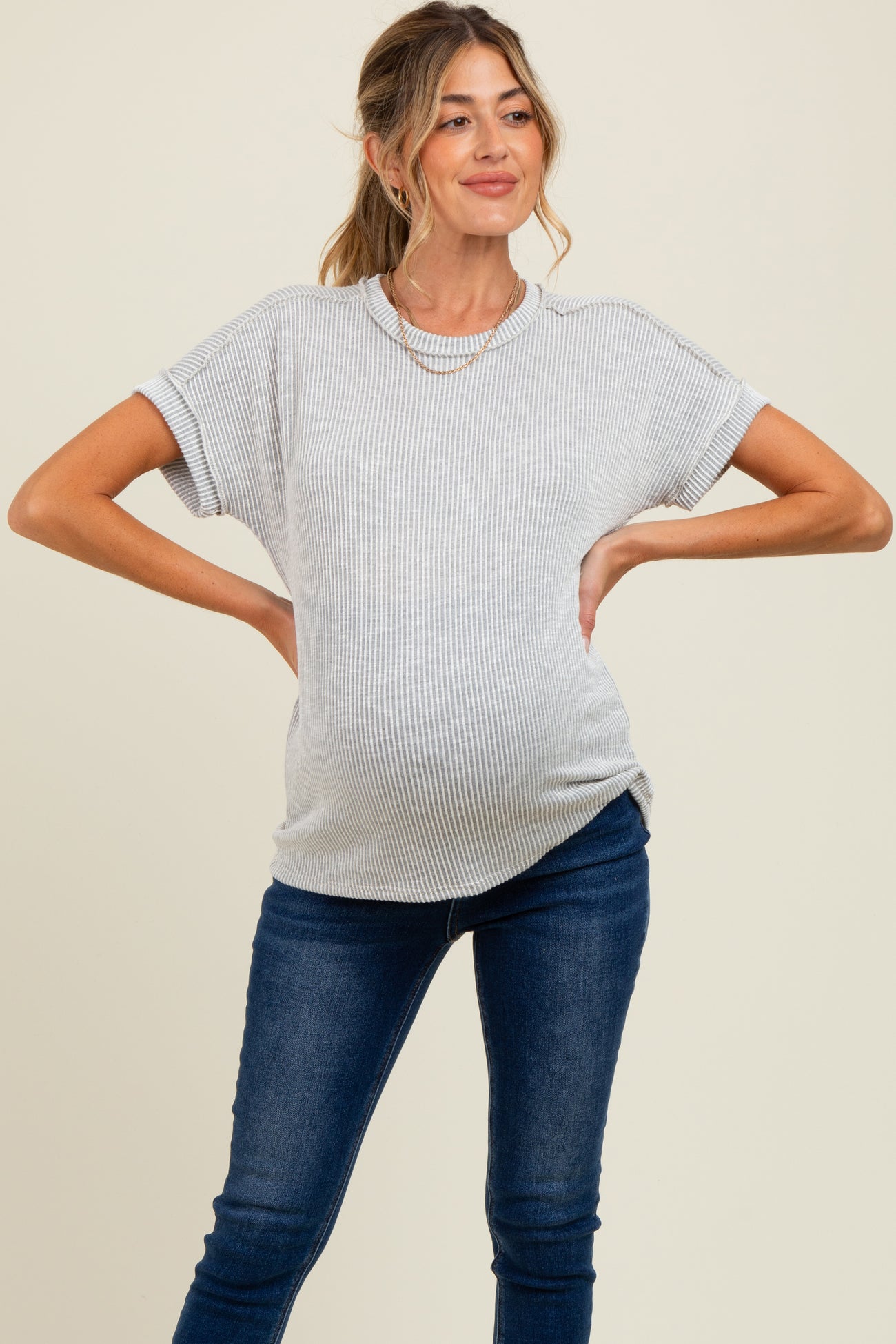 Heather Grey Ribbed Exposed Seam Maternity Short Sleeve Top