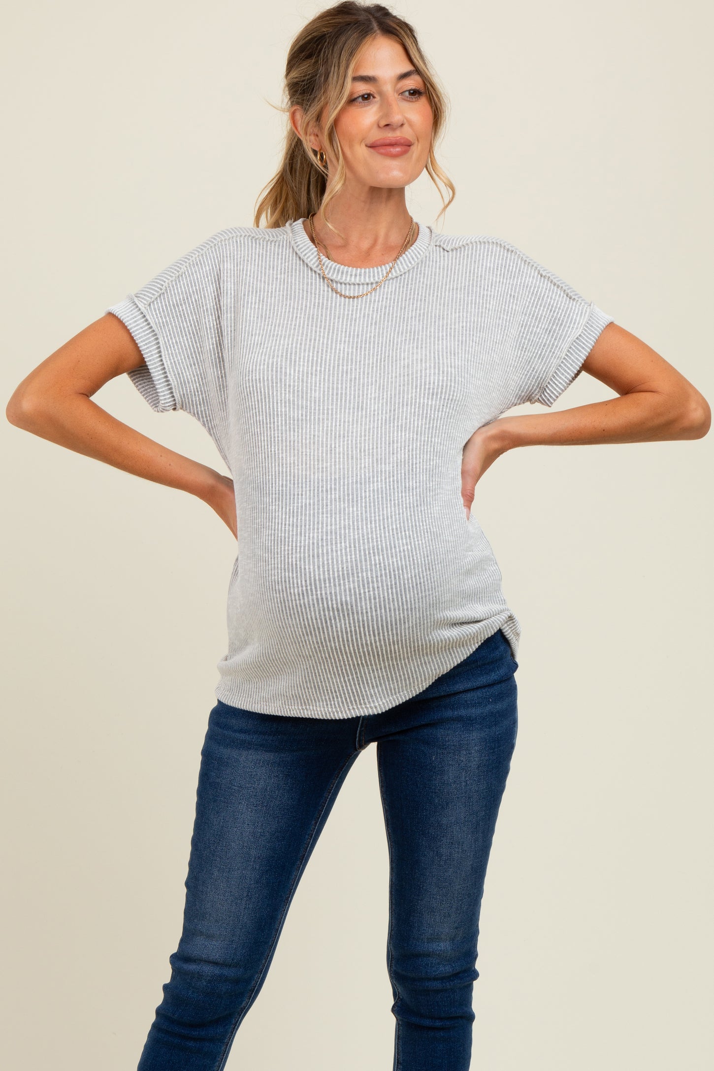 Heather Grey Ribbed Exposed Seam Maternity Short Sleeve Top