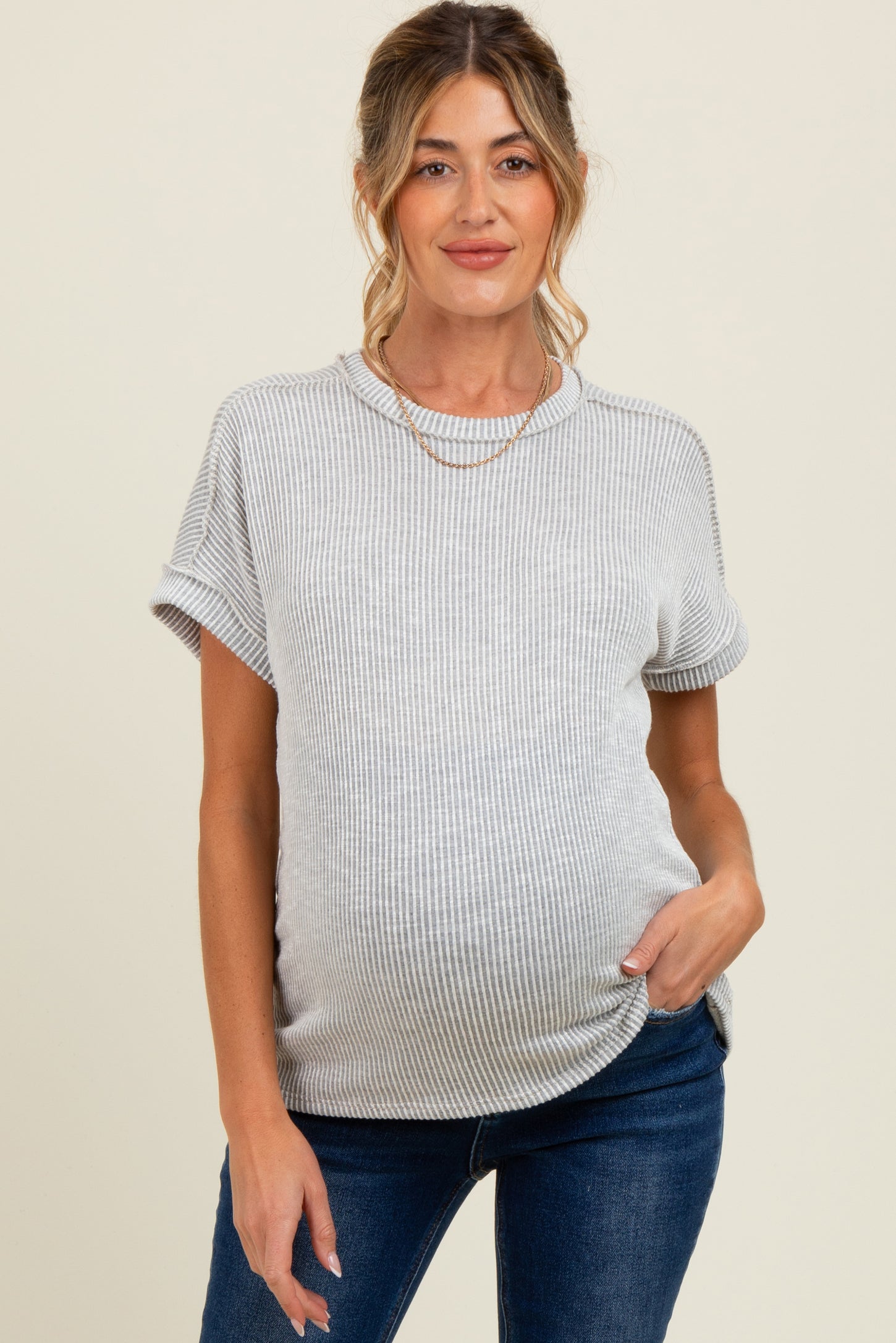 Heather Grey Ribbed Exposed Seam Maternity Short Sleeve Top