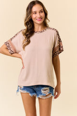 Beige Ribbed Animal Print Colorblock Maternity Short Sleeve Top