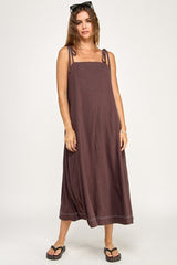 Brown Shoulder Tie Maternity Midi Dress