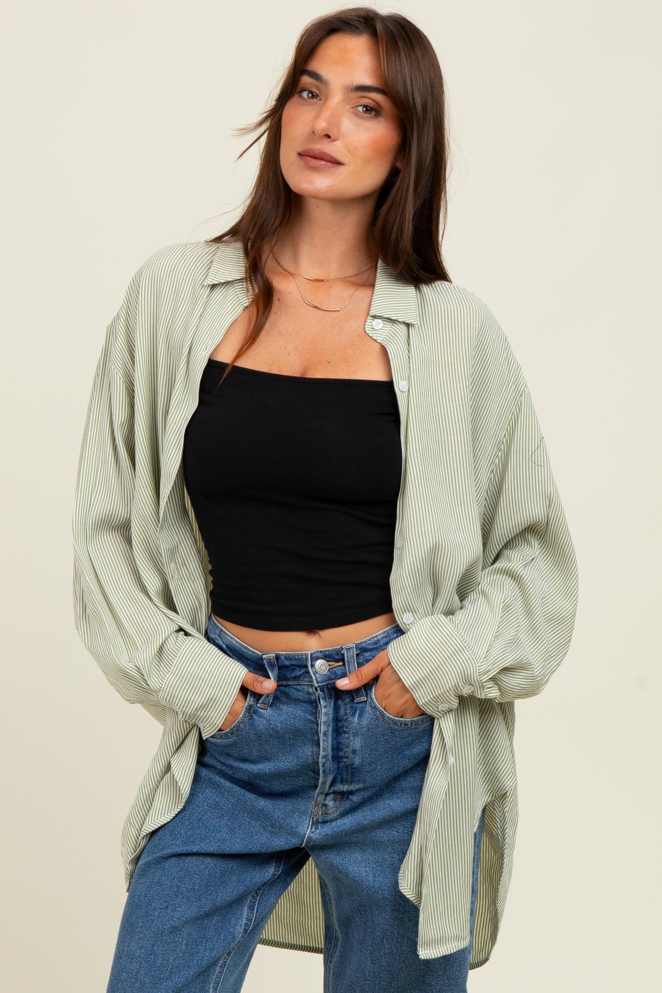 Light Olive Striped Oversized Button Down Shirt