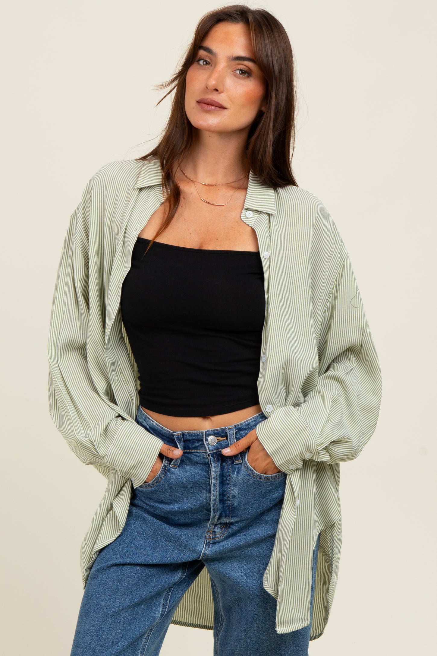 Light Olive Striped Oversized Button Down Shirt