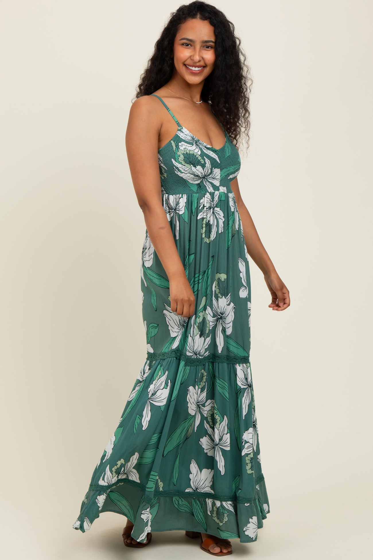 Green Floral V-Neck Smocked Lace Trim Maxi Dress