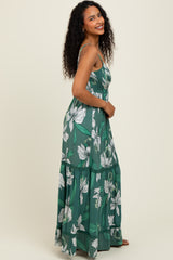 Green Floral V-Neck Smocked Lace Trim Maxi Dress