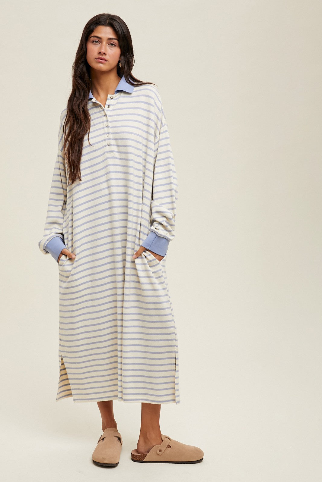 Periwinkle Stripe Snap Button Long Sleeve Maternity Midi Dress