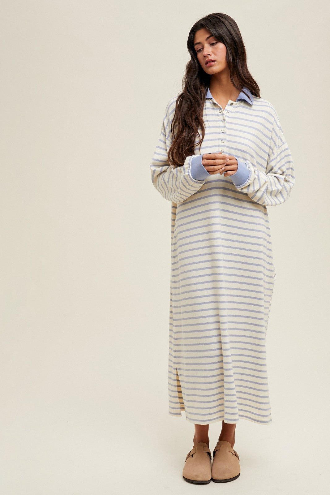 Periwinkle Stripe Snap Button Long Sleeve Midi Dress