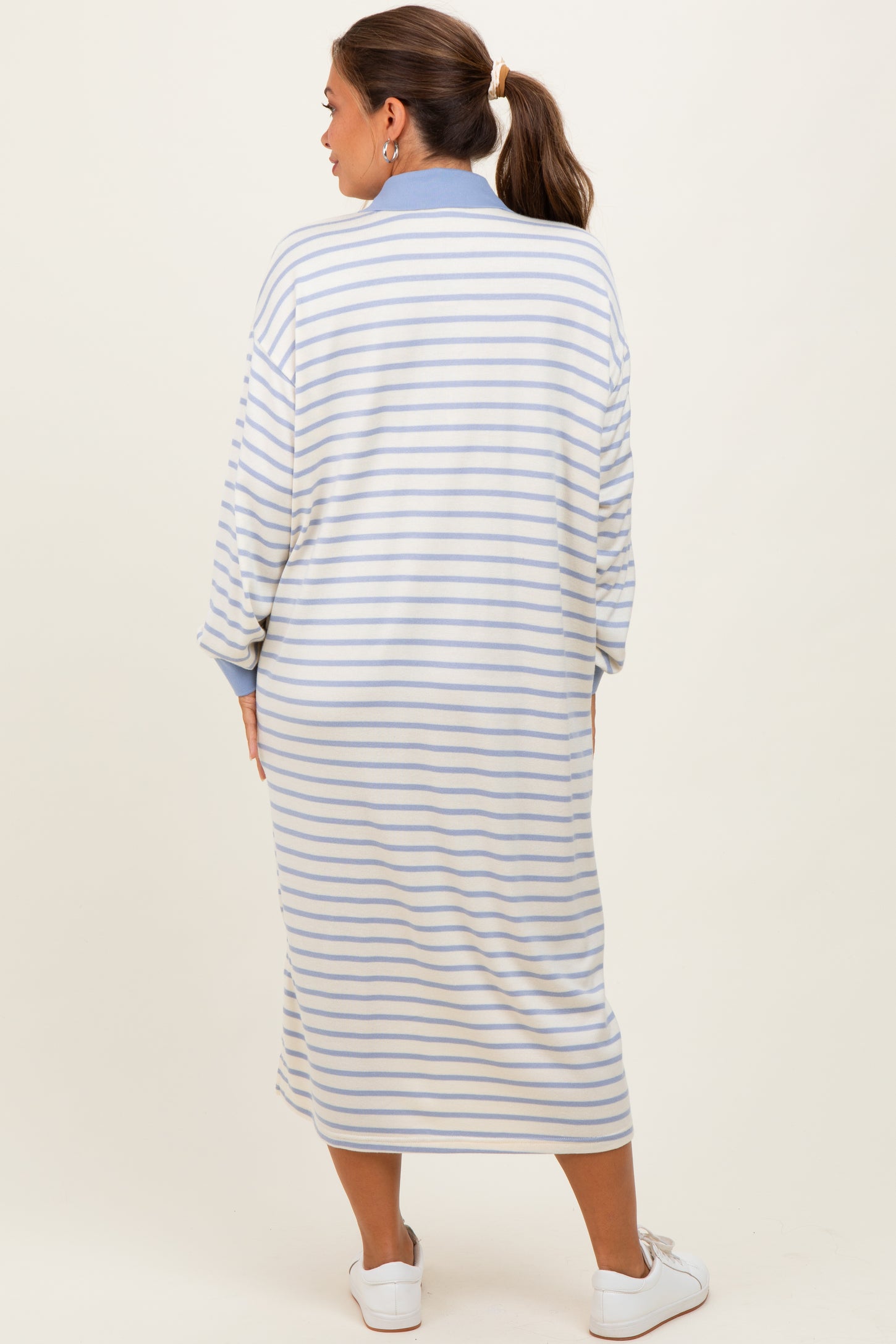 Periwinkle Stripe Snap Button Long Sleeve Maternity Midi Dress
