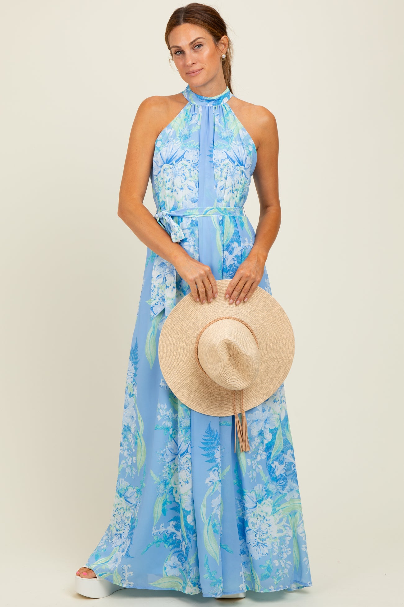 Blue Floral Halter Sleeveless Sash Tie Maxi Dress