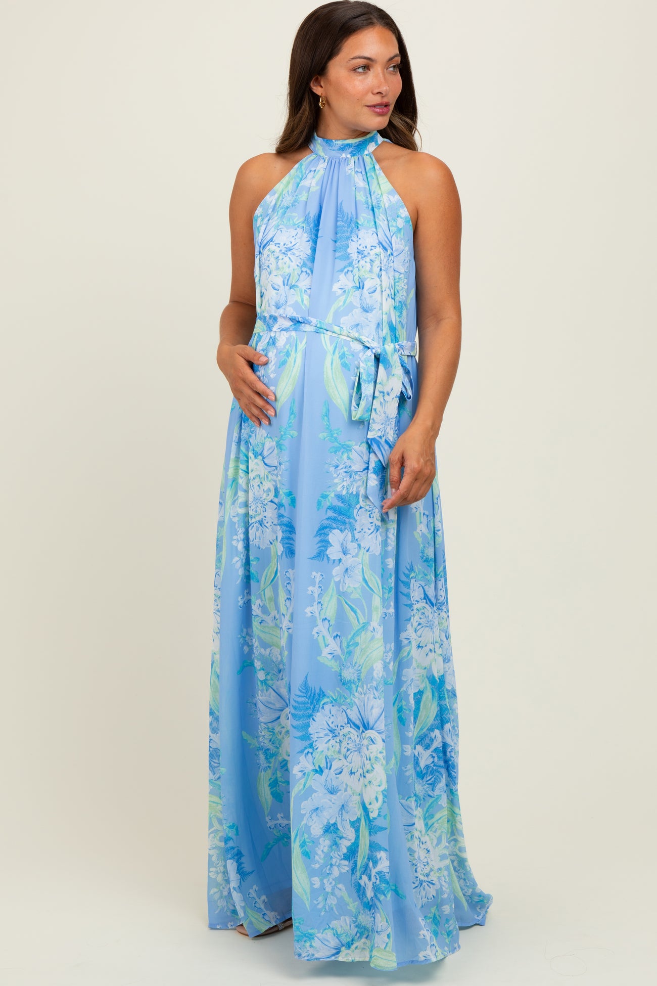 Blue Floral Halter Sleeveless Sash Tie Maternity Maxi Dress