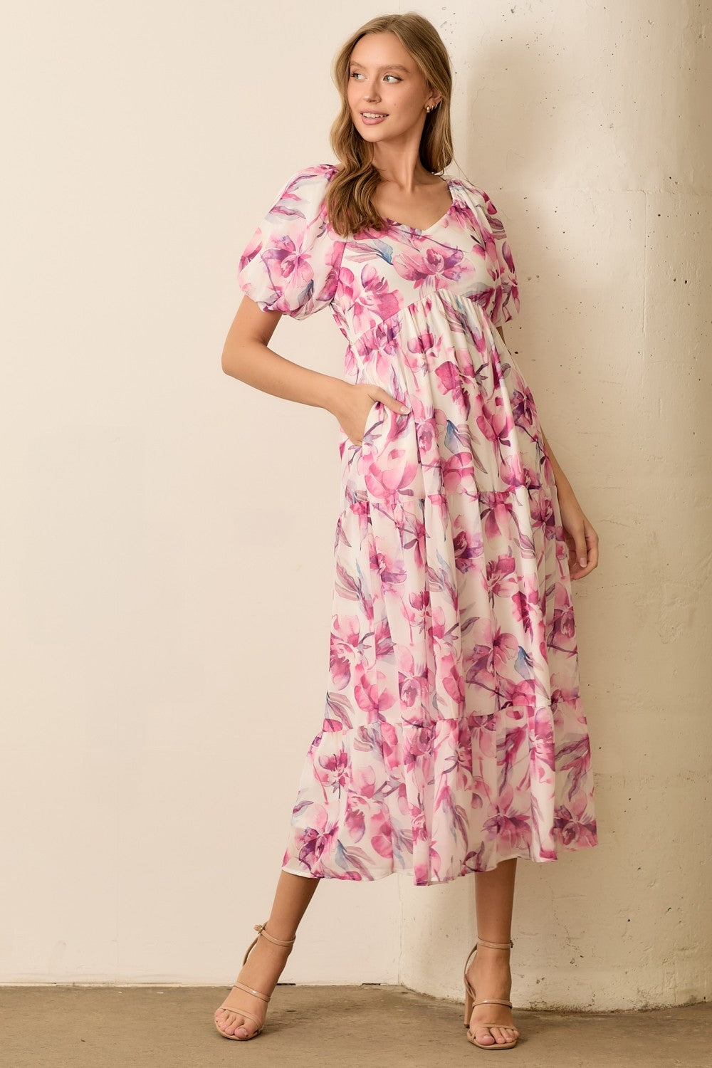 Pink Floral Chiffon Puff Sleeve Maternity Midi Dress
