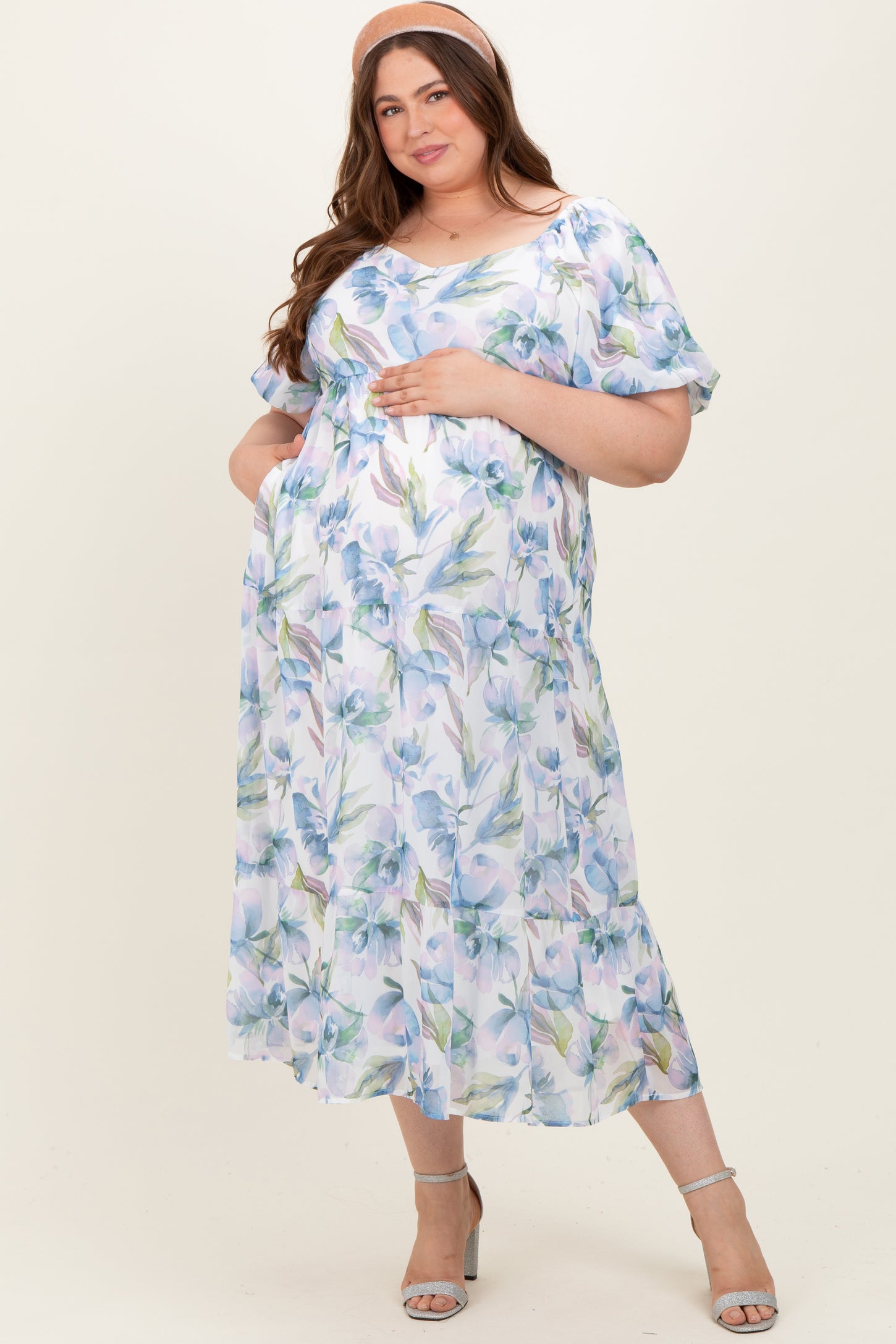 Blue Floral Chiffon Puff Sleeve Maternity Plus Midi Dress