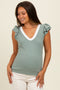 Sage/ Ivory Solid Ribbed Ruffle Sleeve Fitted Maternity Top