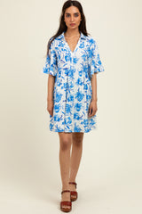 Blue Floral V-Neck Crochet Trim Maternity Dress