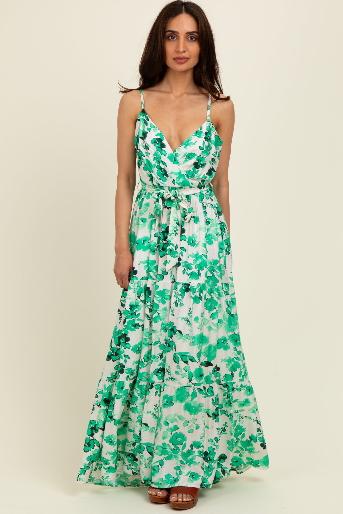 Green Floral Tiered Sleeveless Sash Tie Maternity Maxi Dress