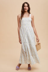 Light Blue Smocked Cotton Floral Sleeveless Maternity Maxi Dress