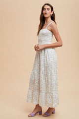 Light Blue Smocked Cotton Floral Sleeveless Maxi Dress