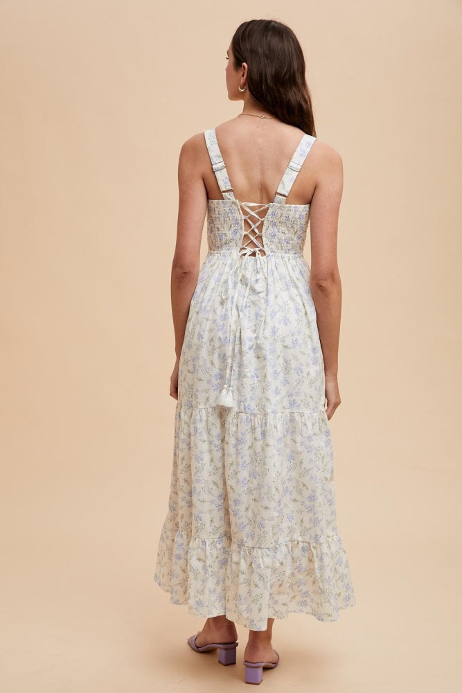 Light Blue Smocked Cotton Floral Sleeveless Maxi Dress