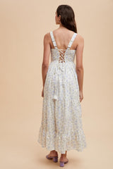 Light Blue Smocked Cotton Floral Sleeveless Maxi Dress