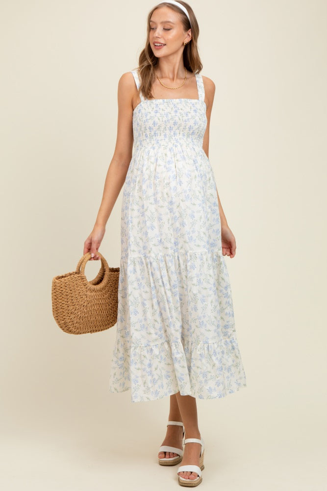 Light Blue Smocked Cotton Floral Sleeveless Maternity Maxi Dress