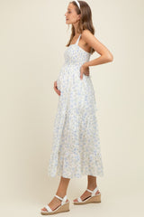 Light Blue Smocked Cotton Floral Sleeveless Maternity Maxi Dress